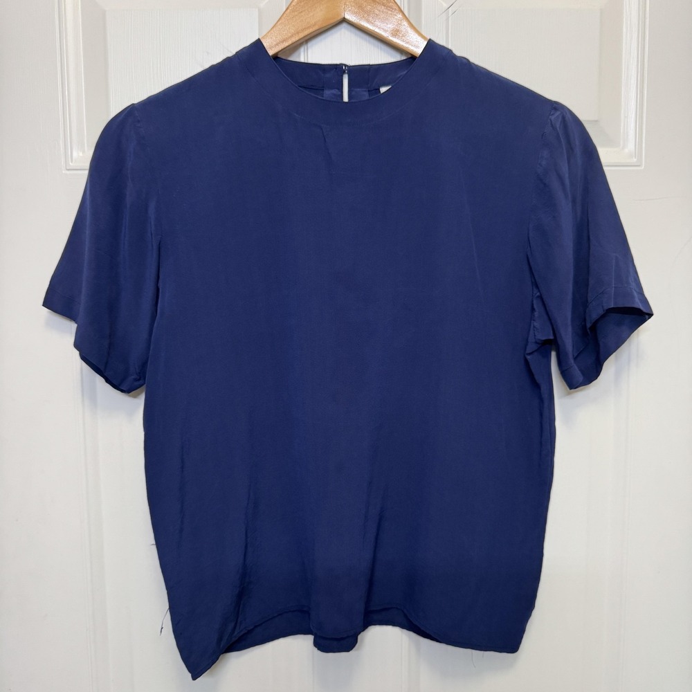 Oscar de la Renta Womens Silk Blouse S Navy Blue Keyhole Back Luxury Minimalist